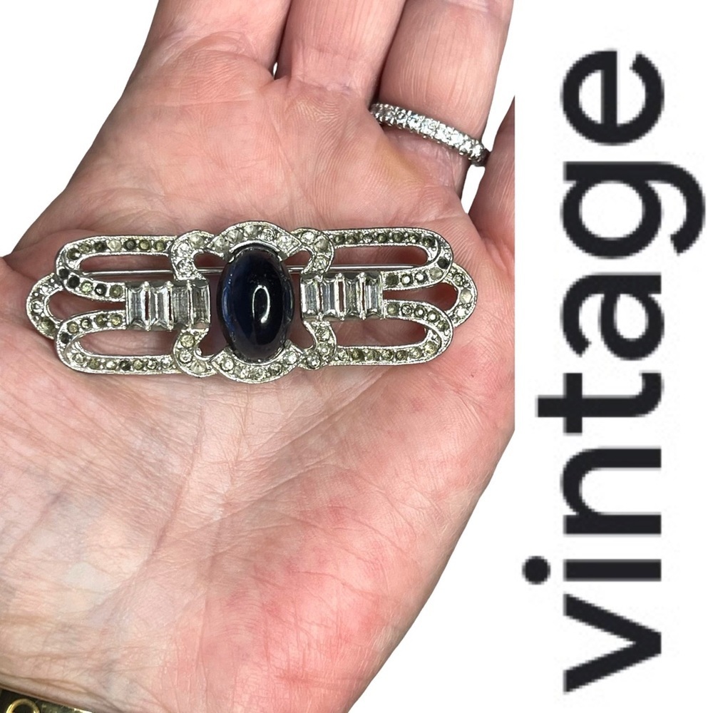 Art Deco Rhinestone Bar Pin w/ Blue Tourmaline Oval Center Stone